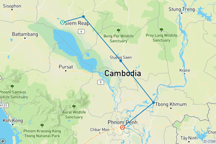 Map of Cambodia Motorcycle Adventure from Siem Reap to Phnom Penh via Beng Mealea, Sambor Prei Kuk