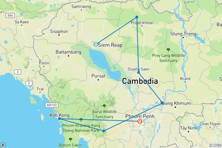 Carte du circuit Circuit en moto tout-terrain de Siem Reap à Phnom Penh vers Koh Ker, Preah Vihear et le parc national de Kirirom