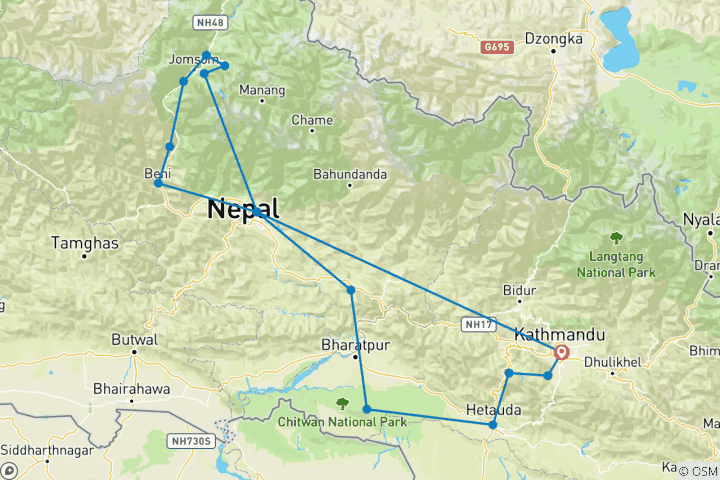 Map of Classic Cycle Tour in Nepal Kathmandu Chitwan Pokhara and Jomsom