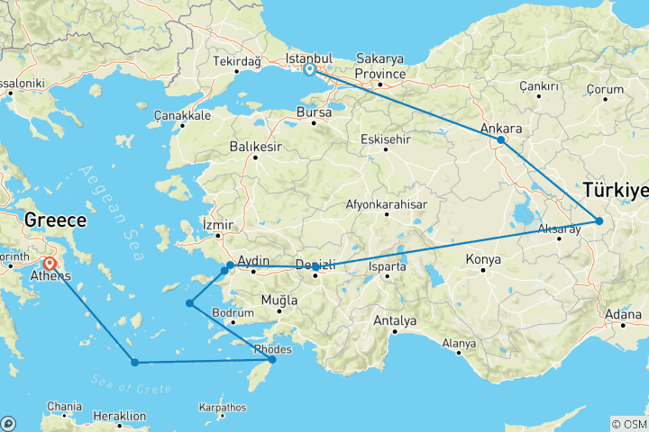 Carte du circuit Türkiye et Grèce avec la croisière 3 nt (2025-26)