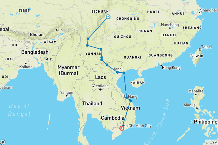 Map of China & Vietnam: Chengdu to Ho Chi Minh