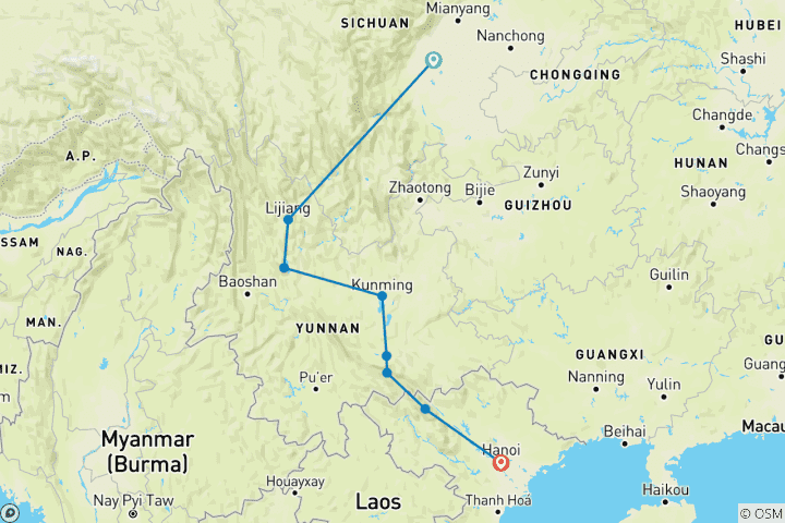 Map of China & Vietnam: Chengdu to Hanoi