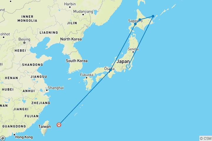 Carte du circuit Le Japon actif : Les points forts d'Hokkaido et l'excursion sur l'île d'Okinawa