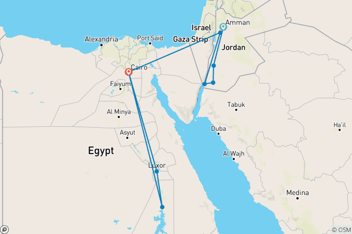 Carte du circuit Jordanie et Égypte : Ruines antiques, dunes du désert et merveilles emblématiques