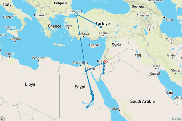 Carte du circuit Le meilleur de la Turquie, de l'Égypte et de la Jordanie (Istanbul/Cappadoce/Le Caire/Croisière sur le Nil/Petra) Tous les vols sont inclus.