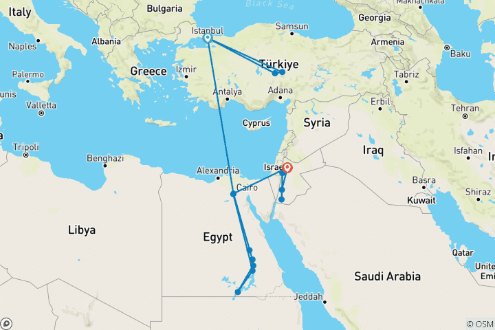 Carte du circuit Le meilleur de la Turquie, de l'Égypte et de la Jordanie (Istanbul/Cappadoce/Le Caire/Croisière sur le Nil/Petra) Tous les vols sont inclus.