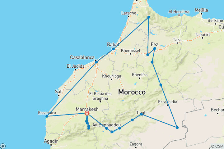 Karte von 13 Tage Marokko Imperial von Marrakesch über die Wüste Sahara, Chefchaouen & Fes