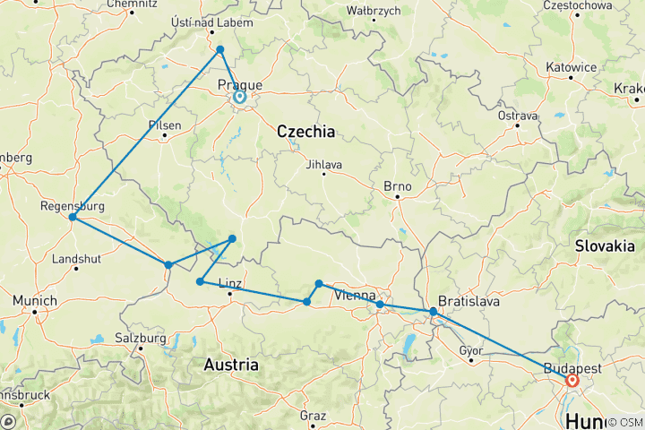 Map of Danube Christmas Markets with Prague 2026 - 11 Days (from Prague to Budapest)