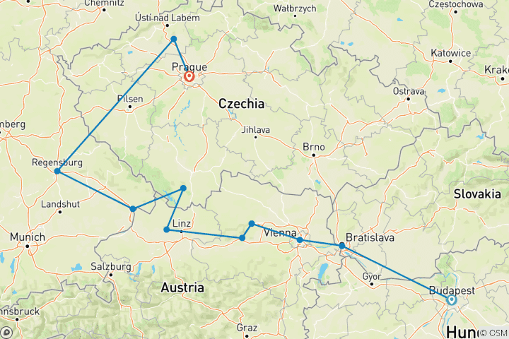 Map of Danube Christmas Markets with Prague 2026 - 11 Days (from Budapest to Prague)