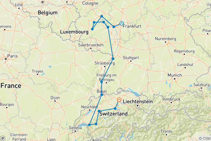 Map of Charming Castles & Vineyards of the Rhine & Moselle with Switzerland 2026 - 12 Days (from Frankfurt-am-Main to Zurich)