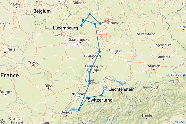 Carte du circuit Châteaux et vignobles de charme du Rhin et de la Moselle avec la Suisse 2026 - 12 jours (from Zurich to Francfort-sur-le-Main)