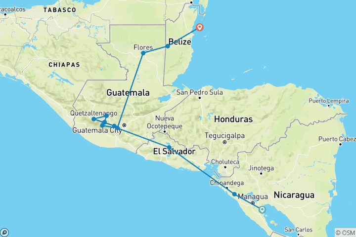 Map of Nicaragua to Belize Discovery (13 destinations)