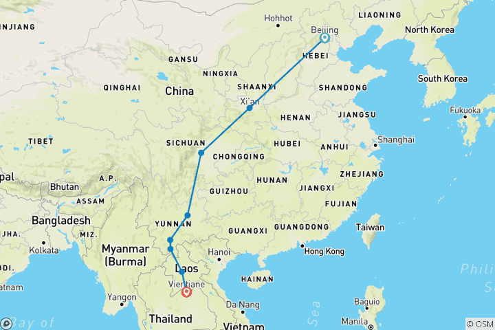 Map of China to Laos (4-5 Star) - 16 days