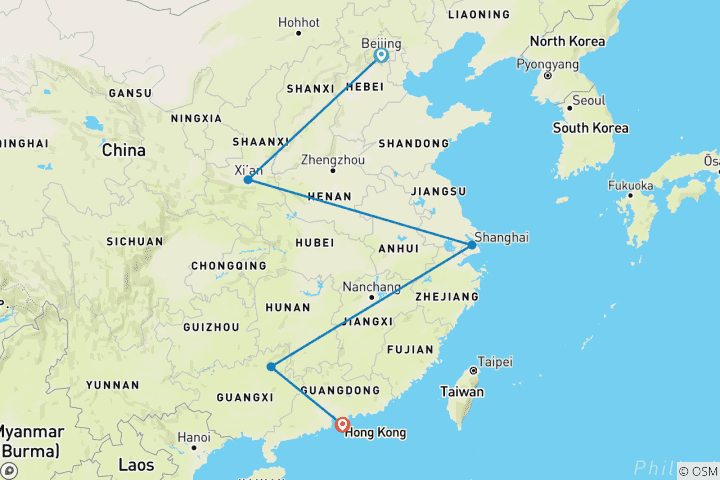 Map of Beijing to Guilin and Hong Kong - 13 days