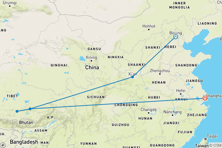 Map of Beijing, Xi’an, Lhasa & Shanghai 4-5 star - 13 days