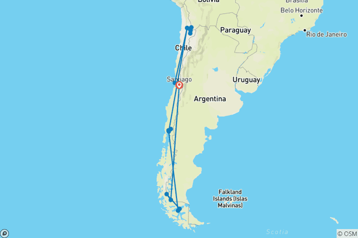 Map of Highlights of Chile - Atacama to Paine