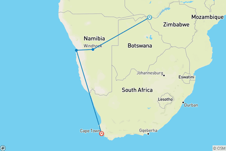 Map of Active South Africa: Victoria Falls to Cape Town