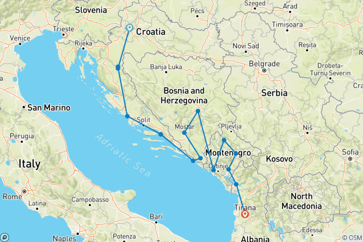 Map of Classic Balkans:  Zagreb to Tirana