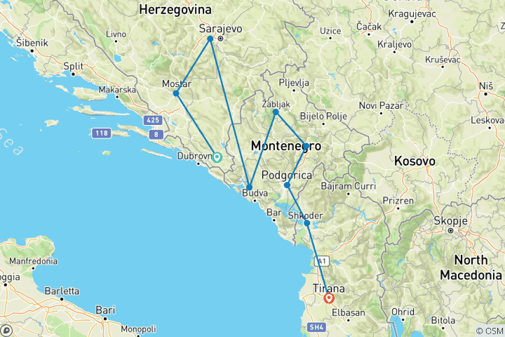 Map of Classic Balkans: Trebinje to Tirana