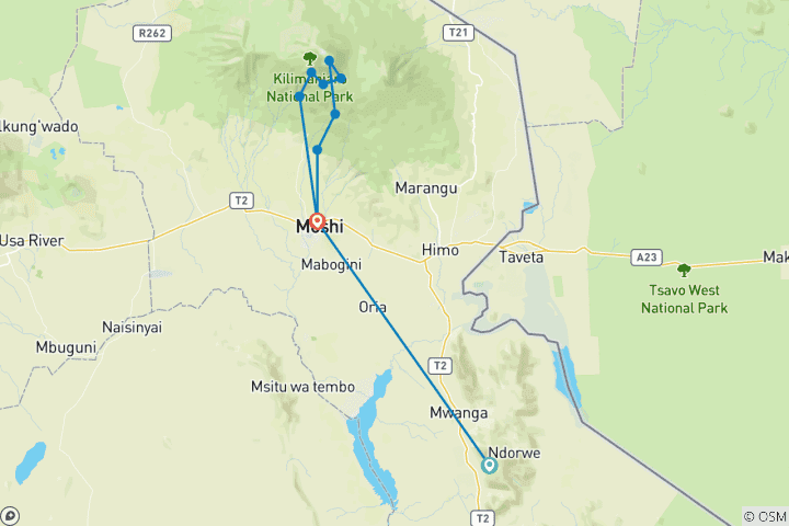 Map of Kilimanjaro Climbing Umbwe Route 7 days