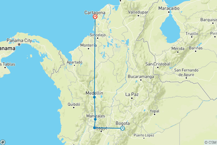 Kaart van Bezoek aan de koffieregio, Medellin en het Caribisch gebied