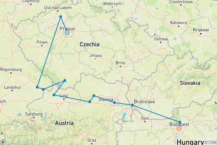 Map of Gems of the Danube with Prague 2026 - 11 Days (including Vilshofen an der Donau)