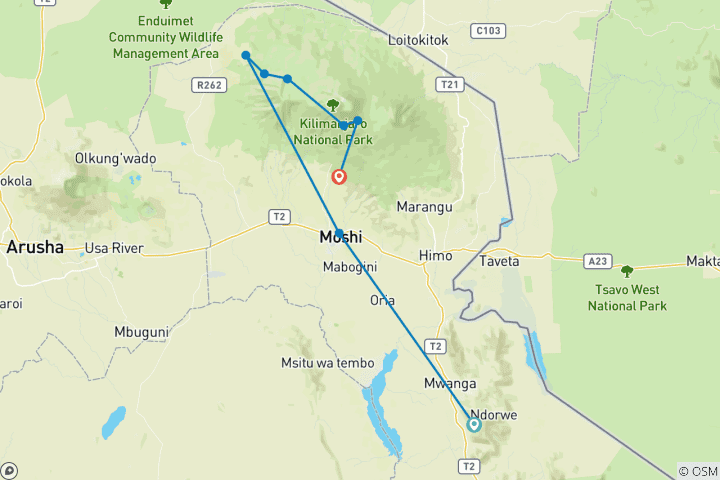 Carte du circuit Route du Lemosho 8 jours