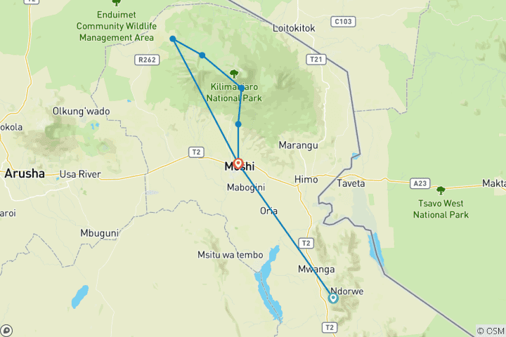 Map of 7-Day Shira Plateau Route Kilimanjaro Trek