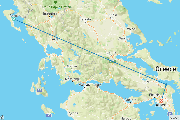 Map of Corfu to Athens: Meteora & The Emerald Island