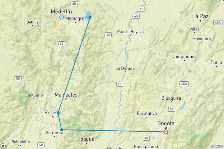 Map of Colombian Adventure: Hot Springs & Bogotá Streets