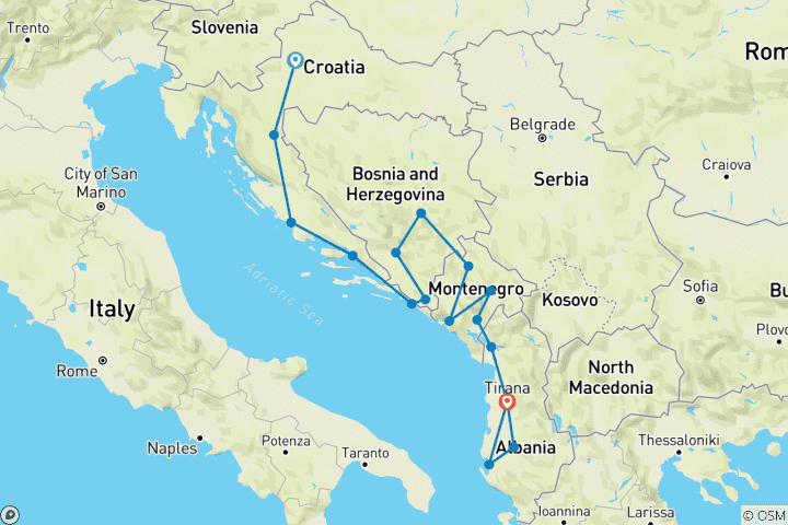 Map of Classic Balkans:  Croatia to Albania