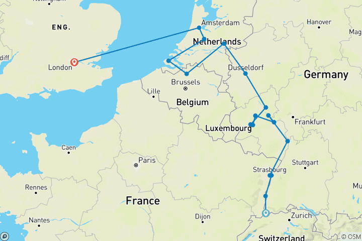 Map of Romantic Rhine & Moselle with London 2026 - 18 Days (from Basel to London)