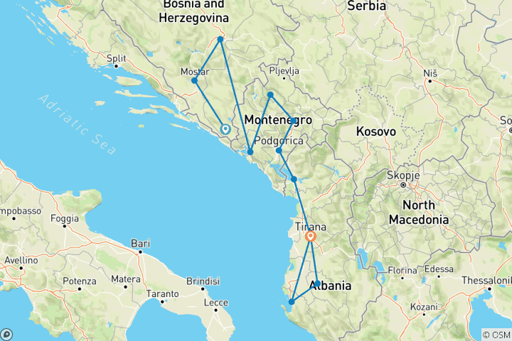 Carte du circuit Balkans classiques : De la Bosnie-Herzégovine à l'Albanie