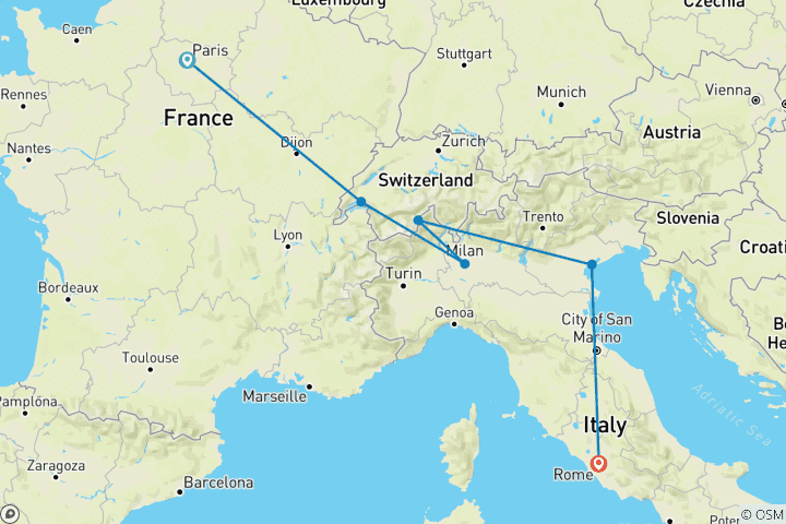 Map of Paris to Rome by Train (Summer, 9 Days)