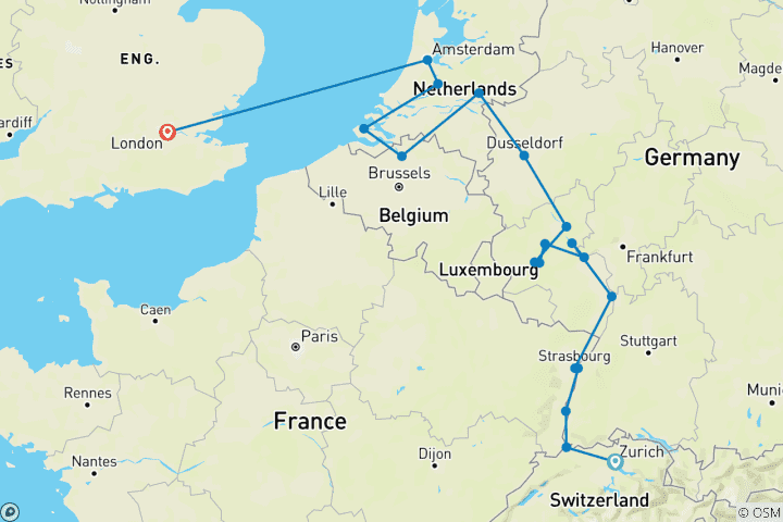 Map of Romantic Rhine & Moselle with London 2026 - 18 Days (from Zurich to London)