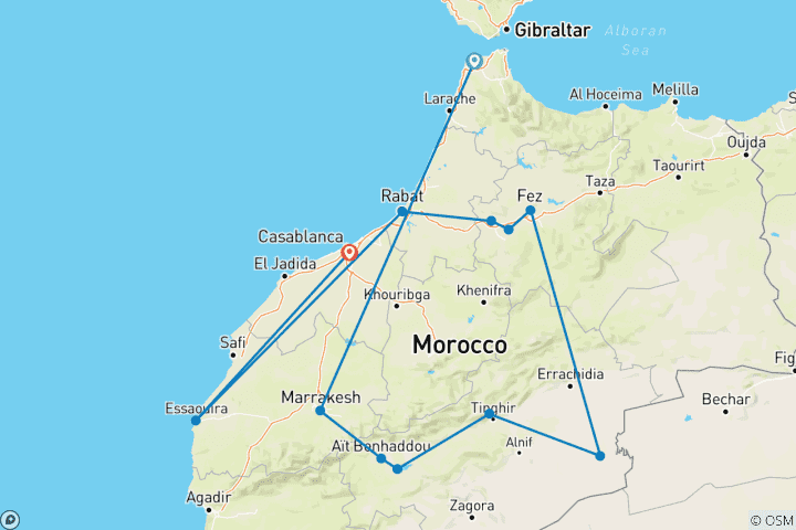 Map of Casablanca to Essaouira from Tangier - 14 days