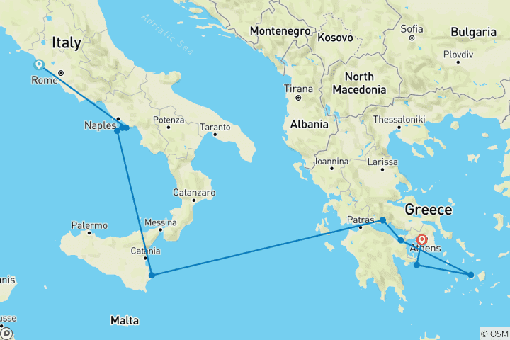 Mapa de Lo mejor de la Costa Amalfitana, el Paso del Canal de Corinto y las Islas Griegas