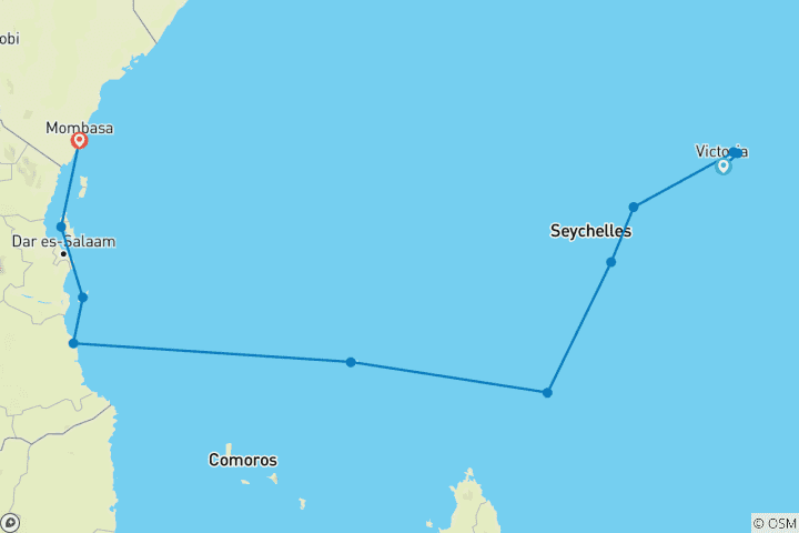 Mapa de Aventura en las Seychelles y el Océano Índico 2027|2028 - 13 Días (from Isla de Mahe to Mombasa)