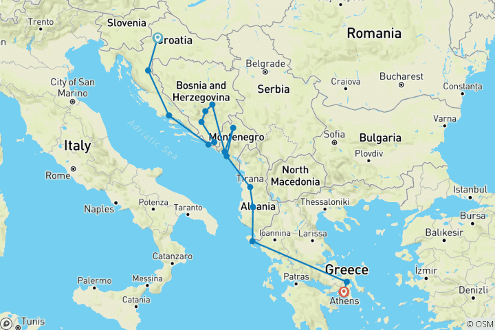 Map of Zagreb to Athens: Monasteries & The Mediterranean