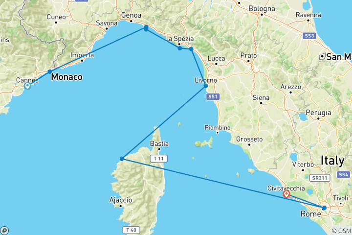 Map of French & Italian Rivieras with Corsica 2026 - 8 Days (from Cannes to Civitavecchia)