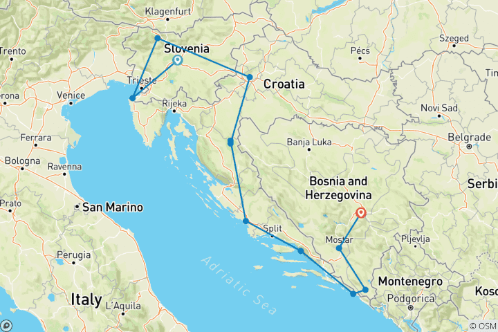 Map of Classic Balkans:  Ljubljana to Sarajevo