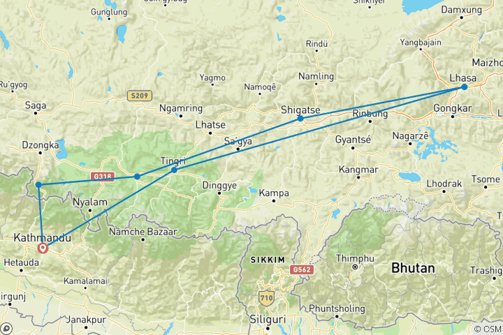 Map of 8 Days Lhasa Tour from Kathmandu