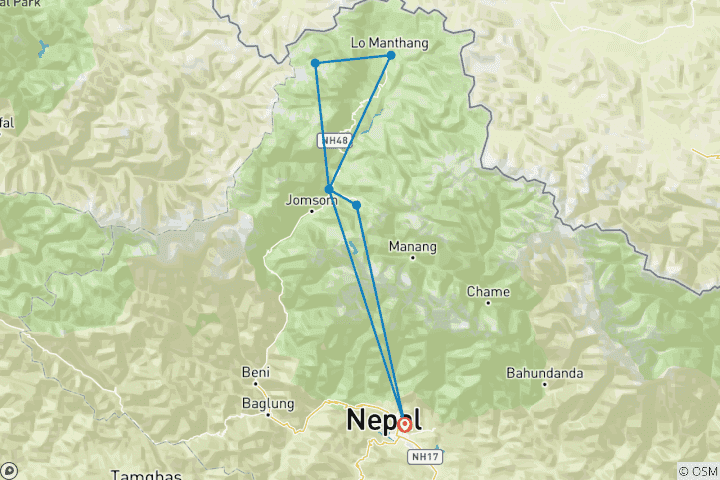 Map of Upper Mustang Jeep Tour