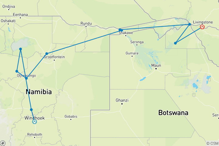 Map of Round Trip Namibia & Botswana & Victoria Falls