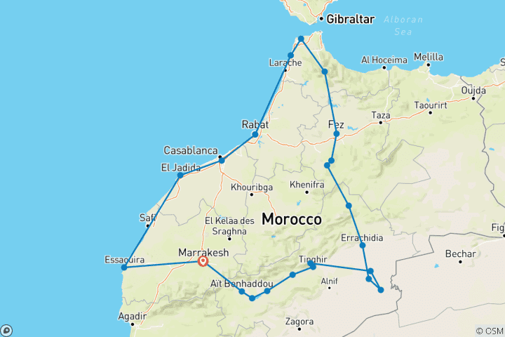 Kaart van 12-daagse reis door de verborgen juweeltjes van Marokko vanuit Marrakech