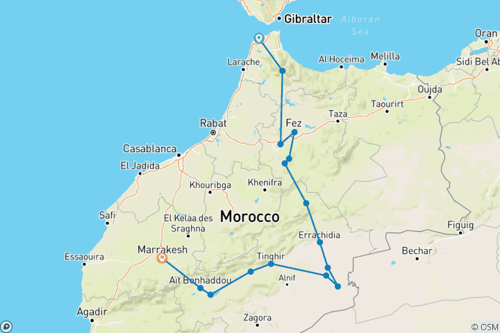 Kaart van 6-daagse luxe privéreis door Marokko: van Tanger naar Marrakesh via de Sahara