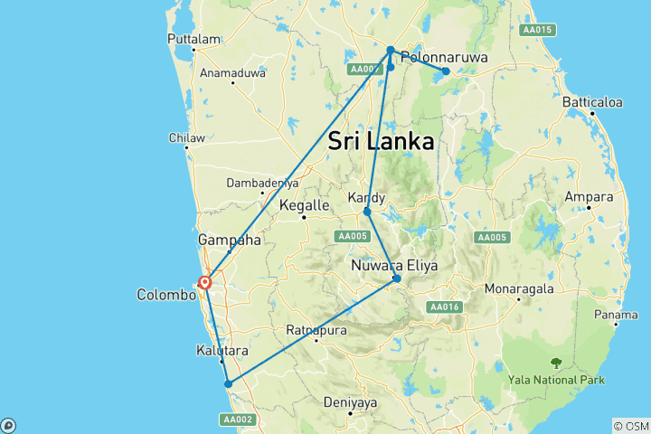 Carte du circuit Sri Lanka - Perle de l'océan Indien avec extension plage de Beruwala - Jours 1 - 15 Colombo