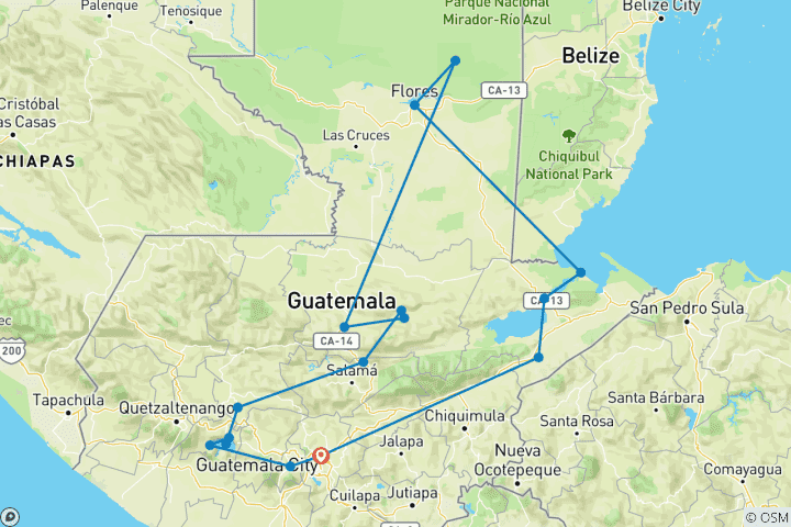 Map of Guatemala Overland in 11 days