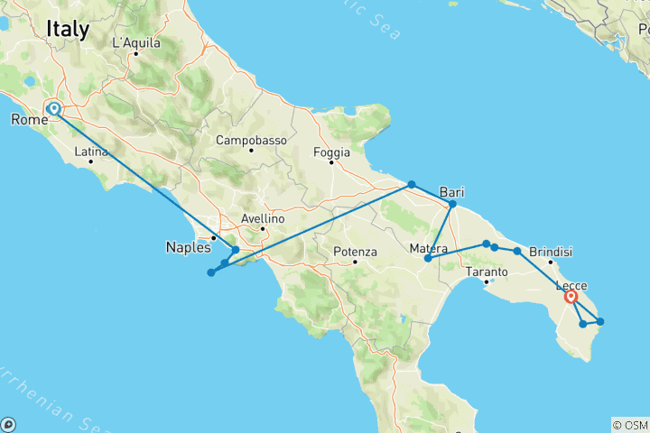 Carte du circuit De Rome à Sorrente et aux Pouilles - 10 jours