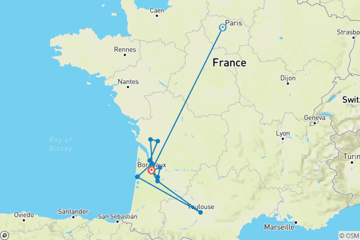 Carte du circuit Bordeaux avec Paris et Londres